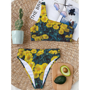 Little Yellow Daisy Print One Shoulder Bikini Top