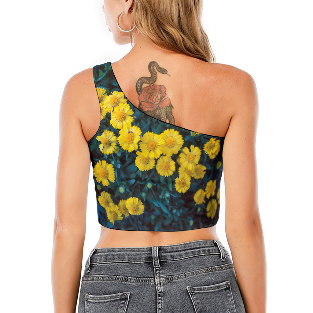 Little Yellow Daisy Print One Shoulder Crop Top