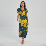 Little Yellow Daisy Print Short Sleeve Maxi Dress
