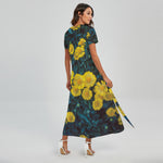 Little Yellow Daisy Print Short Sleeve Maxi Dress