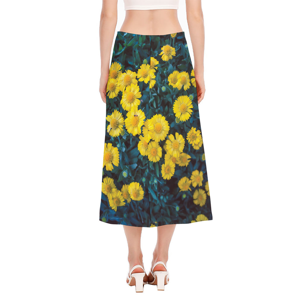 Little Yellow Daisy Print Side Slit Midi Skirt