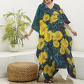 Little Yellow Daisy Print Silk V-Neck Kaftan Dress