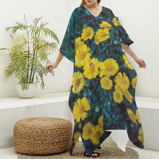 Little Yellow Daisy Print Silk V-Neck Kaftan Dress