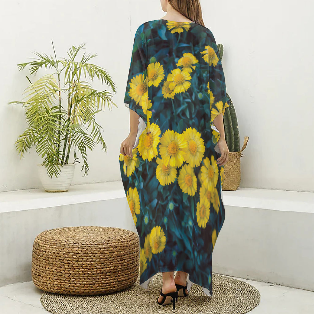 Little Yellow Daisy Print Silk V-Neck Kaftan Dress