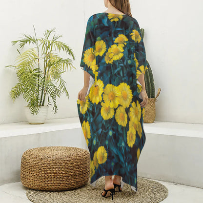 Little Yellow Daisy Print Silk V-Neck Kaftan Dress