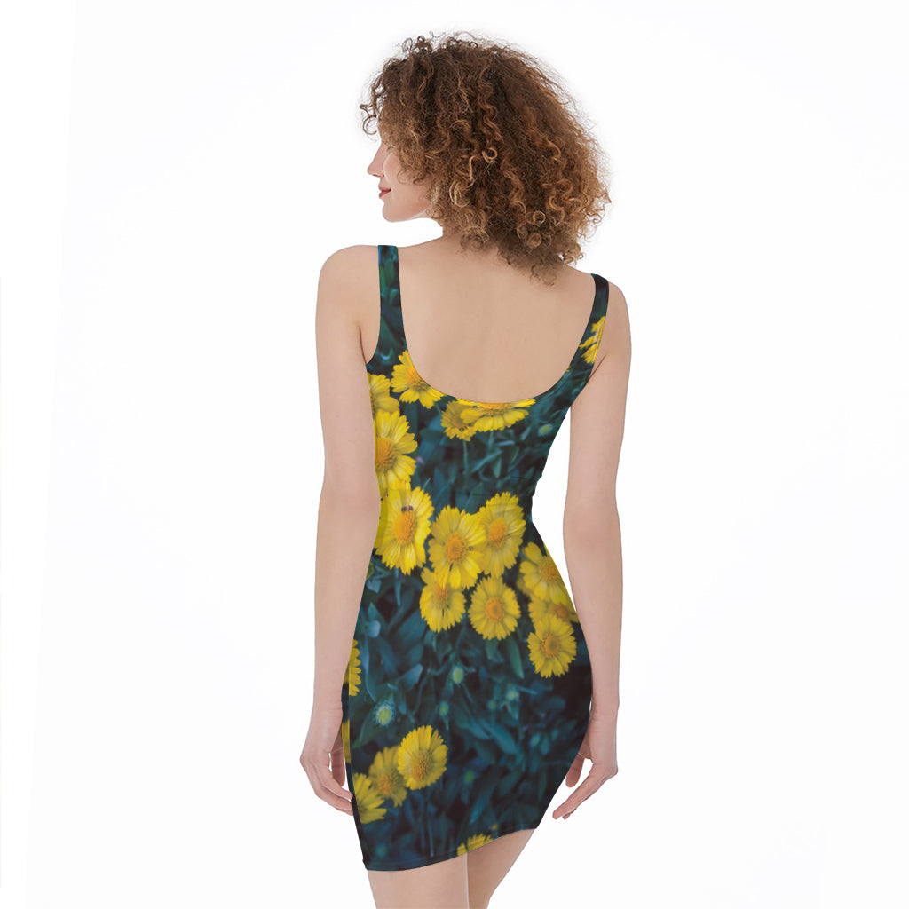 Little Yellow Daisy Print Sleeveless Bodycon Dress