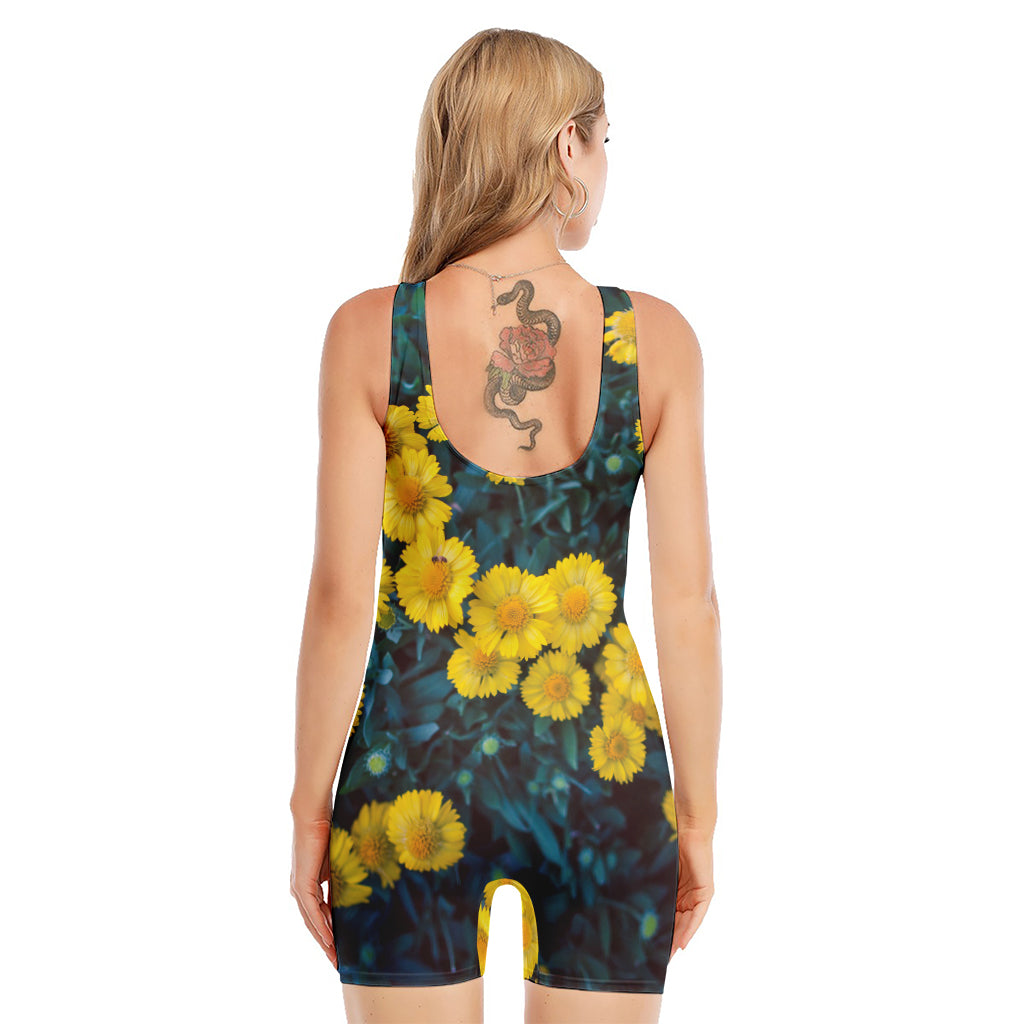 Little Yellow Daisy Print Sleeveless One Piece Swimsuit