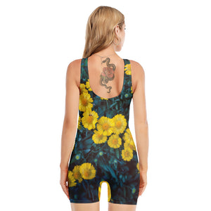 Little Yellow Daisy Print Sleeveless One Piece Swimsuit