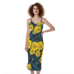 Little Yellow Daisy Print Slim Fit Midi Cami Dress