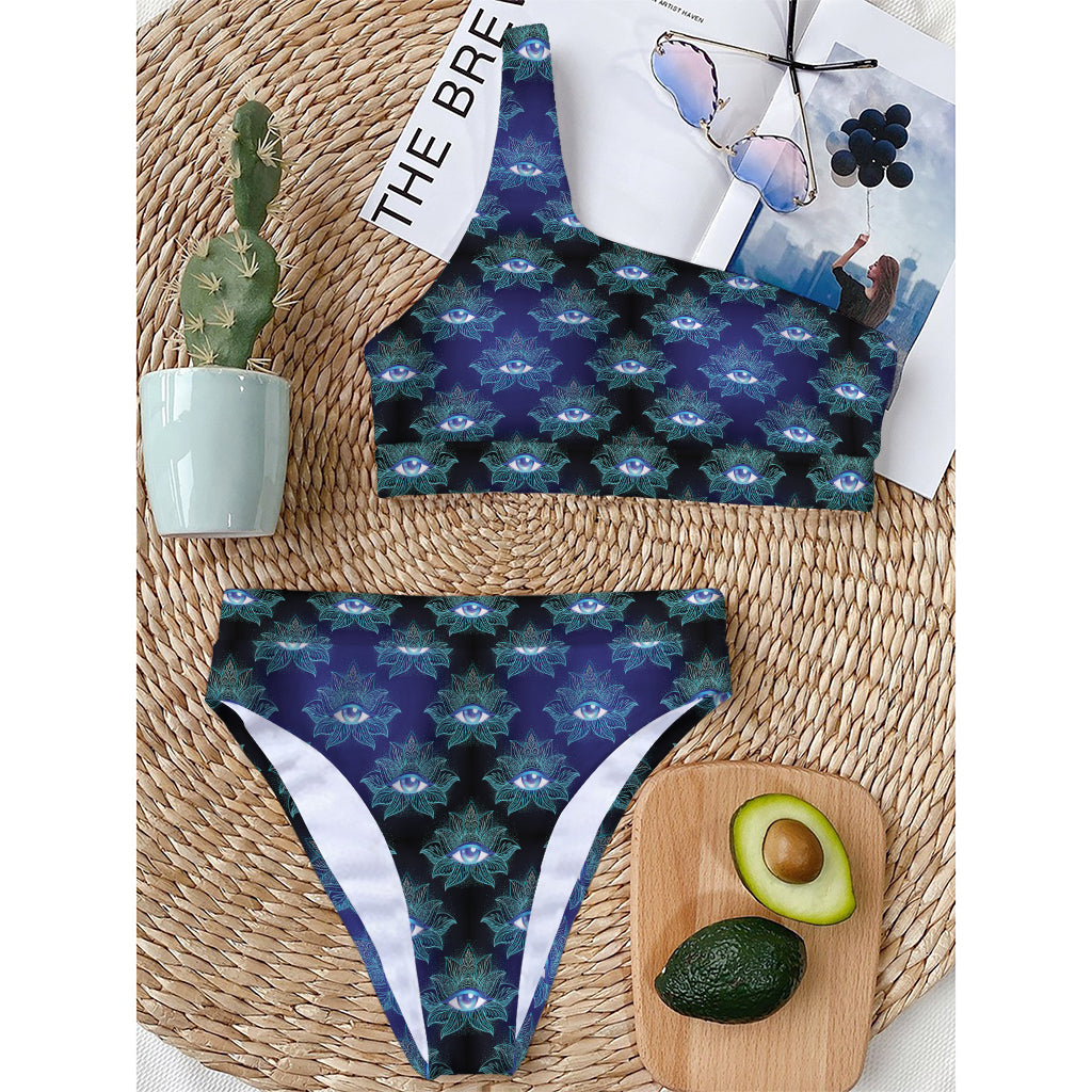 Lotus Eye of Providence Pattern Print One Shoulder Bikini Top