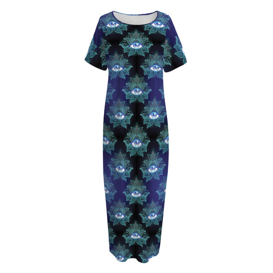 Lotus Eye of Providence Pattern Print Short Sleeve Long Nightdress