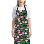 Lotus Flower And Leaf Pattern Print Bib Apron With Pocket