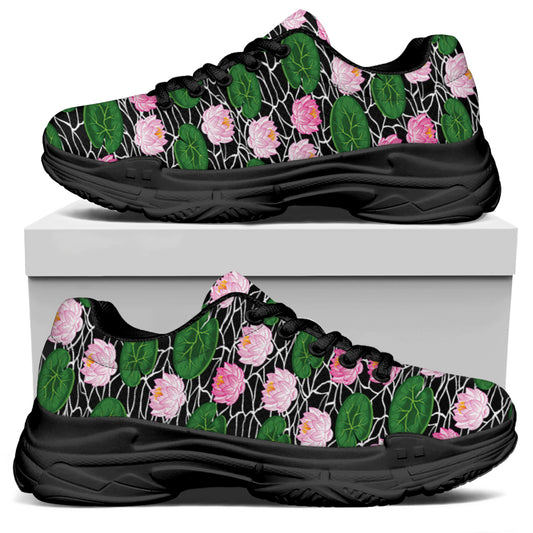 Lotus Flower And Leaf Pattern Print Black Chunky Shoes
