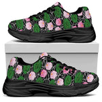 Lotus Flower And Leaf Pattern Print Black Chunky Shoes