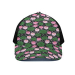 Lotus Flower And Leaf Pattern Print Black Mesh Trucker Cap