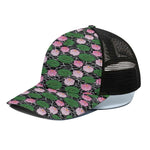 Lotus Flower And Leaf Pattern Print Black Mesh Trucker Cap