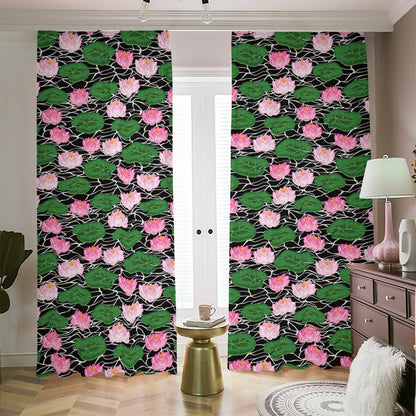 Lotus Flower And Leaf Pattern Print Blackout Pencil Pleat Curtains