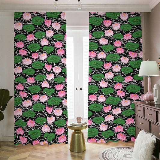 Lotus Flower And Leaf Pattern Print Blackout Pencil Pleat Curtains