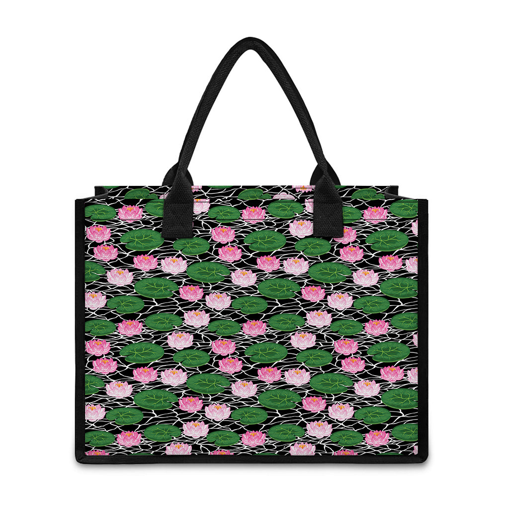 Lotus Flower And Leaf Pattern Print Canvas Tote Bag