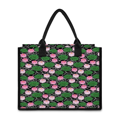 Lotus Flower And Leaf Pattern Print Canvas Tote Bag