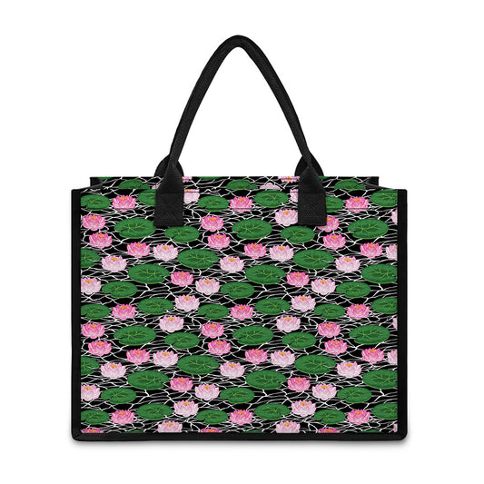 Lotus Flower And Leaf Pattern Print Canvas Tote Bag