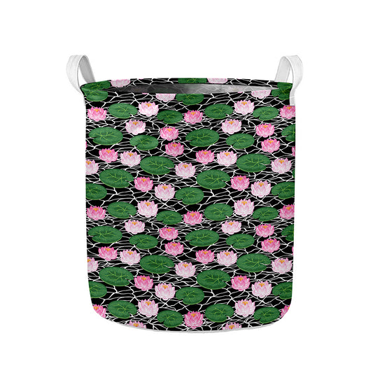 Lotus Flower And Leaf Pattern Print Collapsible Laundry Basket