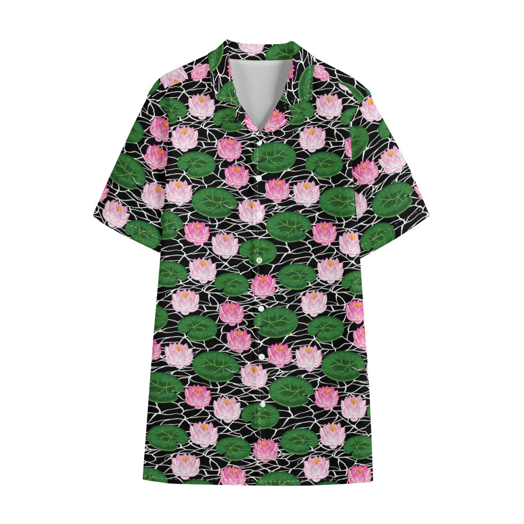 Lotus Flower And Leaf Pattern Print Cotton Hawaiian Shirt