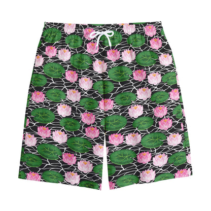 Lotus Flower And Leaf Pattern Print Cotton Shorts