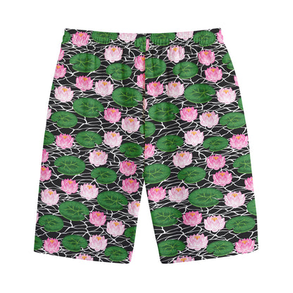 Lotus Flower And Leaf Pattern Print Cotton Shorts