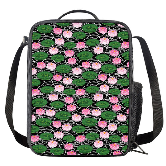 Lotus Flower And Leaf Pattern Print Crossbody Lunch Bag