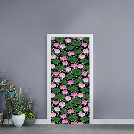 Lotus Flower And Leaf Pattern Print Door Sticker