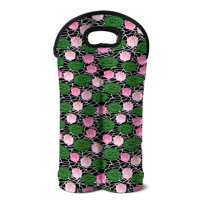 Lotus Flower And Leaf Pattern Print Double Neoprene Wine Tote
