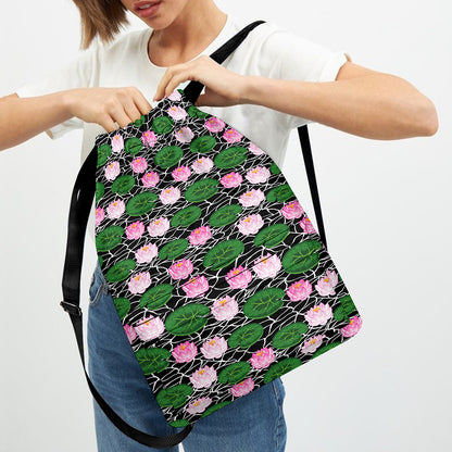 Lotus Flower And Leaf Pattern Print Drawstring Backpack