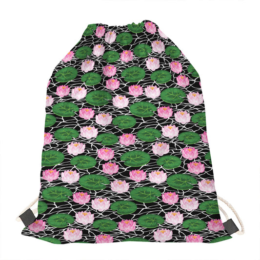 Lotus Flower And Leaf Pattern Print Drawstring Bag