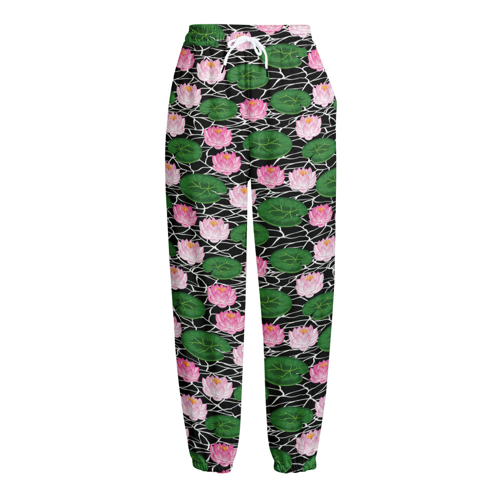 Lotus Flower And Leaf Pattern Print Fleece Lined Knit Pants