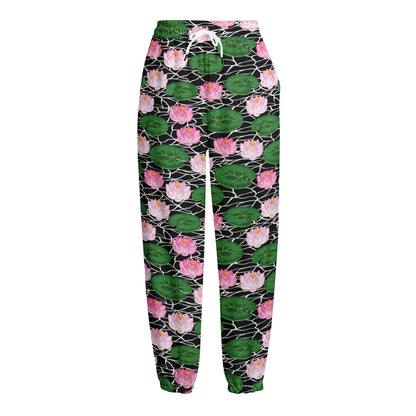 Lotus Flower And Leaf Pattern Print Fleece Lined Knit Pants