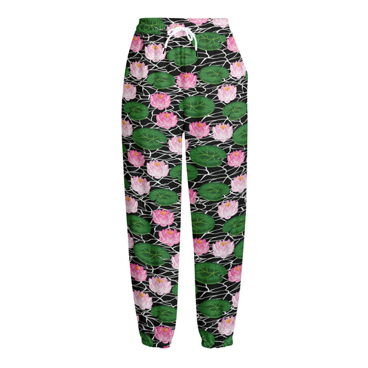Lotus Flower And Leaf Pattern Print Fleece Lined Knit Pants