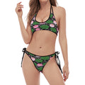 Lotus Flower And Leaf Pattern Print Halter Scoop Tie Side Bikini