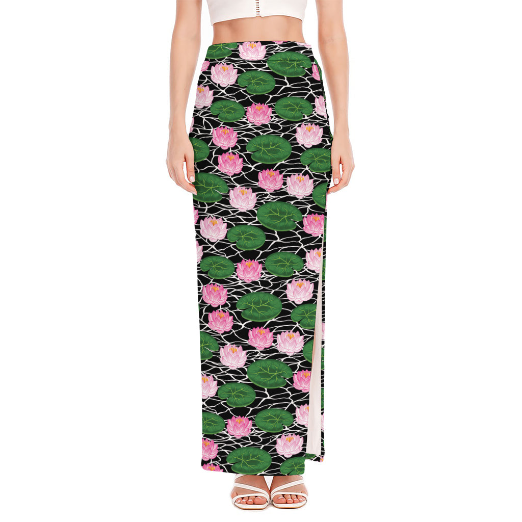 Lotus Flower And Leaf Pattern Print High Slit Maxi Skirt