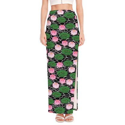 Lotus Flower And Leaf Pattern Print High Slit Maxi Skirt
