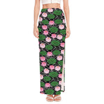 Lotus Flower And Leaf Pattern Print High Slit Maxi Skirt