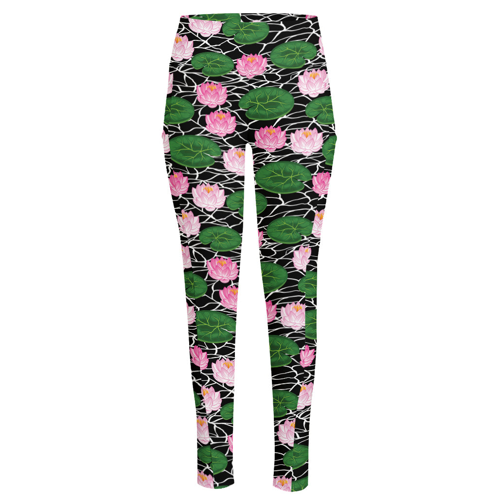 Lotus Flower And Leaf Pattern Print High-Waisted Pocket Leggings