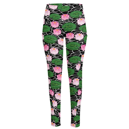 Lotus Flower And Leaf Pattern Print High-Waisted Pocket Leggings