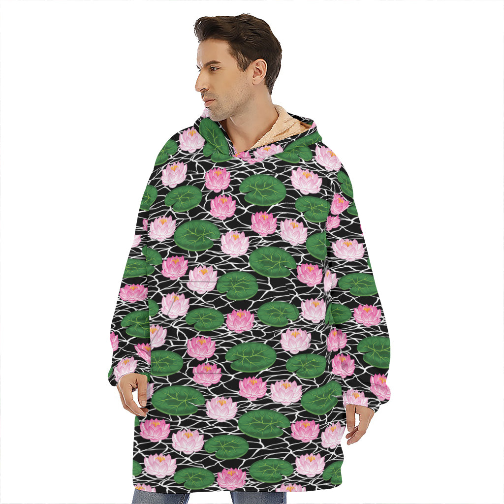Lotus Flower And Leaf Pattern Print Hoodie Blanket