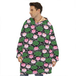 Lotus Flower And Leaf Pattern Print Hoodie Blanket