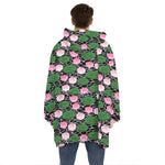 Lotus Flower And Leaf Pattern Print Hoodie Blanket