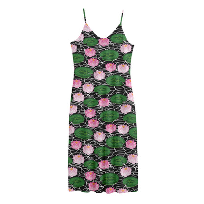 Lotus Flower And Leaf Pattern Print Jersey Midi Cami Dress
