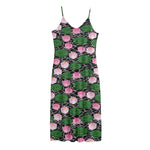 Lotus Flower And Leaf Pattern Print Jersey Midi Cami Dress