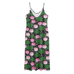 Lotus Flower And Leaf Pattern Print Jersey Midi Cami Dress