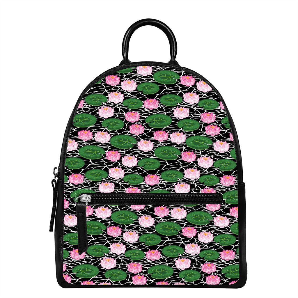 Lotus Flower And Leaf Pattern Print Leather Backpack